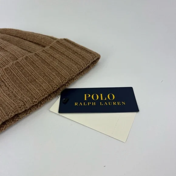POLO RALPH LAUREN, LIGHT BROWN BEANIE, ONE SIZE FITS, 50% WOOL 50% NYLON, UNISEX - Picture 10 of 17